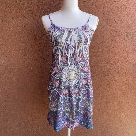 Y2K Purple/Blue Americana Tattoo Art Block Print Bedazled Mandala Mini Dress - Picture 1 of 8